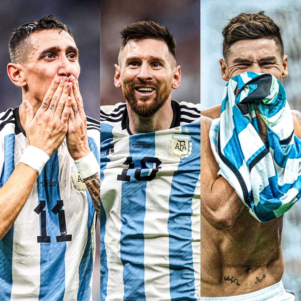 🇦🇷 Ángel Di María, Lionel Messi y Gonzalo Montiel.

Como aquél 18 de diciembre ante Francia en Lusail. ♥️
