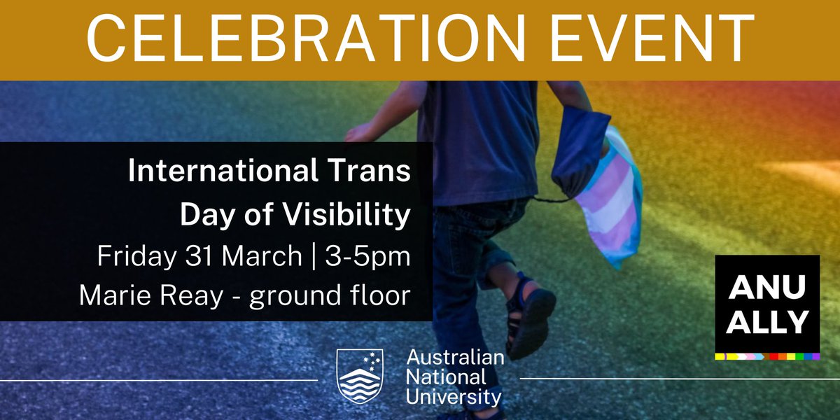 Join us to celebrate Trans Day of Visibility this Friday. 🏳️‍⚧️

You can come along as a community member or as a supportive ally. There will be free food, good company and so much pride!

📆 Friday 31 March, 3-5pm
📍 Ground floor of Marie Reay
🎟️ eventbrite.com.au/e/trans-day-of…