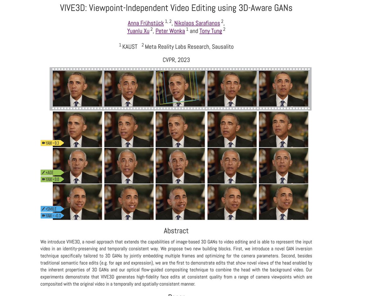 _akhaliq's tweet photo. VIVE3D: Viewpoint-Independent Video Editing using 3D-Aware GANs

abs: https://t.co/RRjKLyrEwz 
project page: https://t.co/9eRazjvd9n https://t.co/9fgirZiXbE