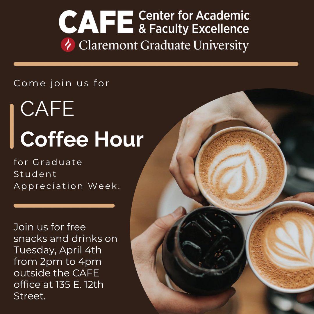 CAFE_CGU's tweet photo. CAFE coffee hour! Join us for free snacks and drinks on Tuesday, April 4th from 2pm to 4pm outside the CAFE
office at 135 E. 12th Street. https://t.co/EddBB630Ix