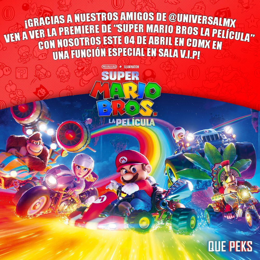 Gemelos JiFi 🍿🎬 (@que_peks) on Twitter photo ¡El momento ha llegado! 💫🏎️
Tenemos 18 PASES DOBLES para que vean la premiere con nosotros de #SuperMarioBrosMovie este 04 de Abril de CDMX
-Da ❤️ y 🔄
-Síguenos en <a href="/Que_Peks/">Gemelos JiFi 🍿🎬</a> y <a href="/UniversalMX/">Universal Pictures México</a>
-Comenta porque te gustaría ver la película con nosotros y tu juego de Mario fav
✨🍄 ¡El momento ha llegado! 💫🏎️
Tenemos 18 PASES DOBLES para que vean la premiere con nosotros de #SuperMarioBrosMovie este 04 de Abril de CDMX
-Da ❤️ y 🔄
-Síguenos en <a href="/Que_Peks/">Gemelos JiFi 🍿🎬</a> y <a href="/UniversalMX/">Universal Pictures México</a>
-Comenta porque te gustaría ver la película con nosotros y tu juego de Mario fav
✨🍄