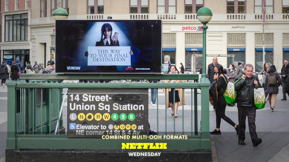 In the Combined Multi-OOH Formats, the Gold OBIE Award winner is <a href="/netflix/">Netflix</a> for Wednesday. 

Judges appreciated the obvious care taken to get the messaging exactly right, in the right spots, at the right times and stay on brand without a hitch. 

#OBIEAwards #OOH2023