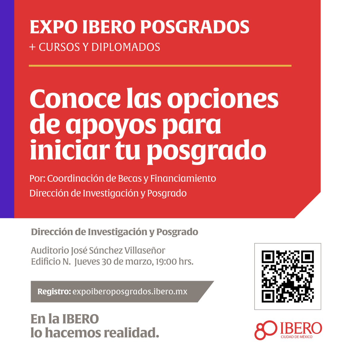 #QueNoSeTePase | En #ExpoIberoPosgrados conocerás los apoyos que existen para que inicies un doctorado, maestría o especialidad. ¡Te esperamos!
📝Regístrate 👉bit.ly/404LUjT
🗓️30 de marzo 
⏰15:00 h.