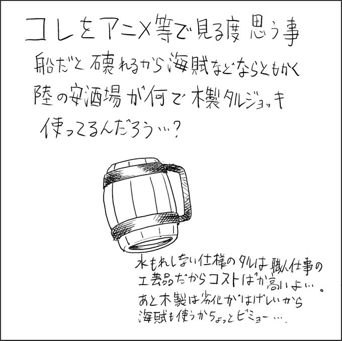 アニメとかで出てくる度に「…?」ってなる酒場のアイテム。
中世〜近世の市井の人々の酒場や宴会を描いた絵画でも樽ジョッキが描かれたものを見たことないんだけど、どっから出てきたんだコレ… 