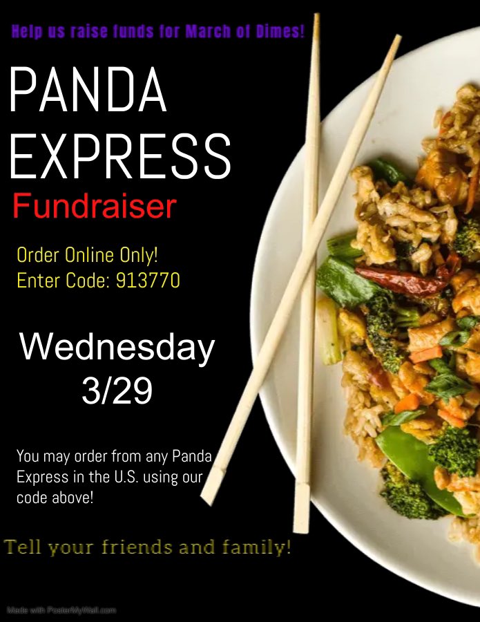 Help us raise money for March of Dimes!! Tomorrow only, order from Panda Express and use the code 913770 when submitting an online order! You can order from any Panda Express in the U.S. and we will receive a percentage of the proceeds to SAVE THE BABIES! 👶🏻 💜 <a href="/Mr_Gogos_/">Anthony Gogos</a>