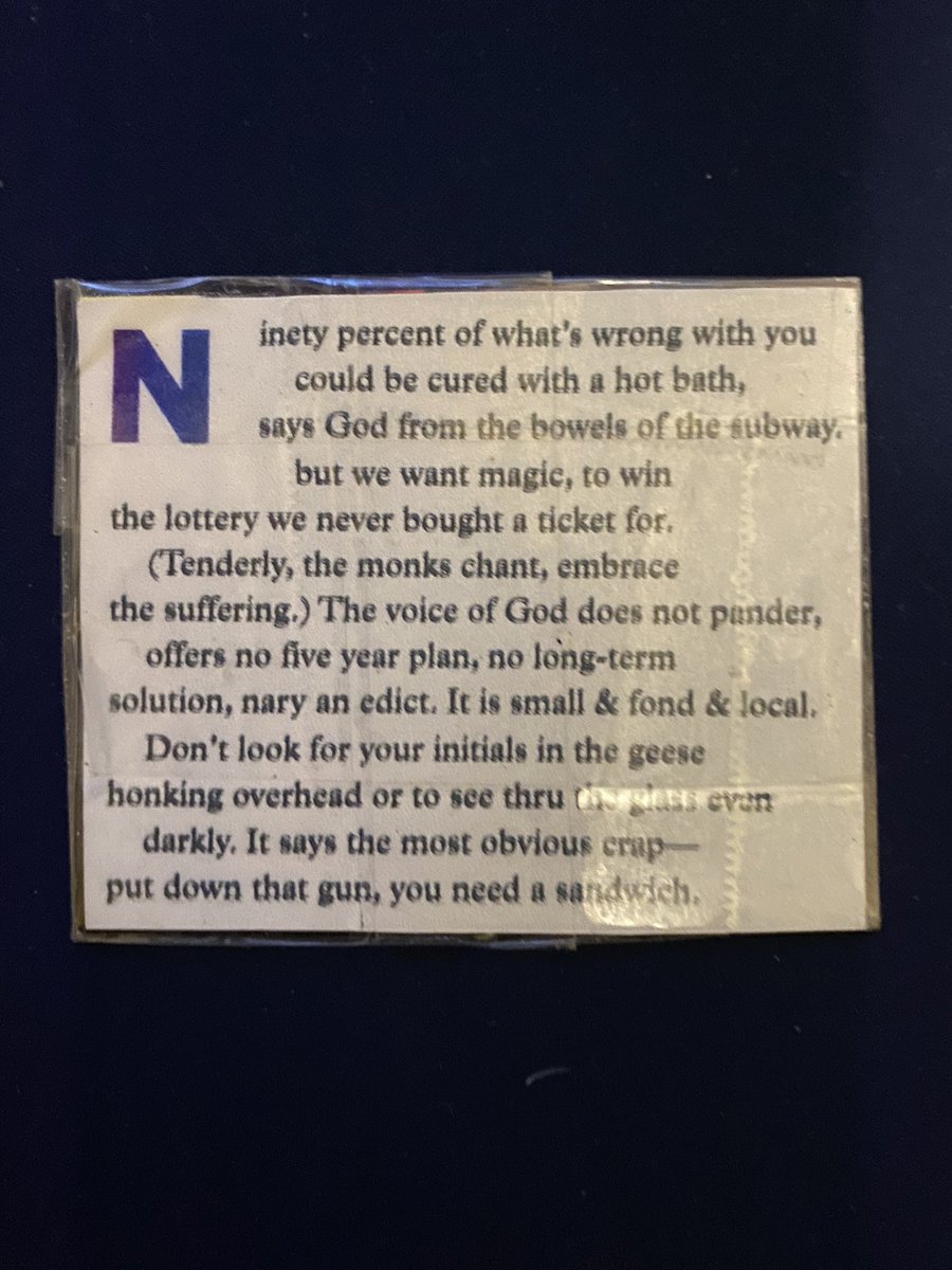 patriphobe's tweet image. I carry this poorly laminated @marykarrlit poem wherever I go and today it fell out of my wallet at the nadir of a moment of desperation—the most obvious crap, like a hand gripping me firmly on the shoulder