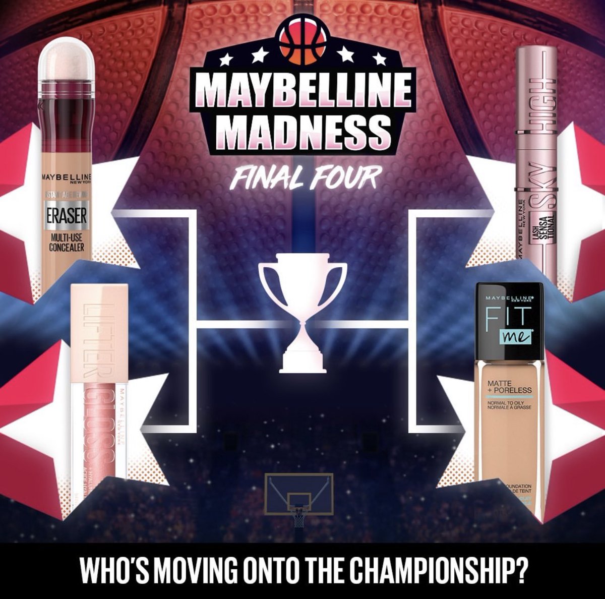Maybelline's tweet photo. #FinalFour weekend was HOTTT🔥🔥 Where our #Maybelline Madness ballers at?!!! 🤩🏀 Sound off in the comments to make your championship game picks⬇️👀

#Instantagerewind Concealer
#Liftergloss 
#Skyhighmascara 
#Fitmefoundation https://t.co/yygE4JuRuv