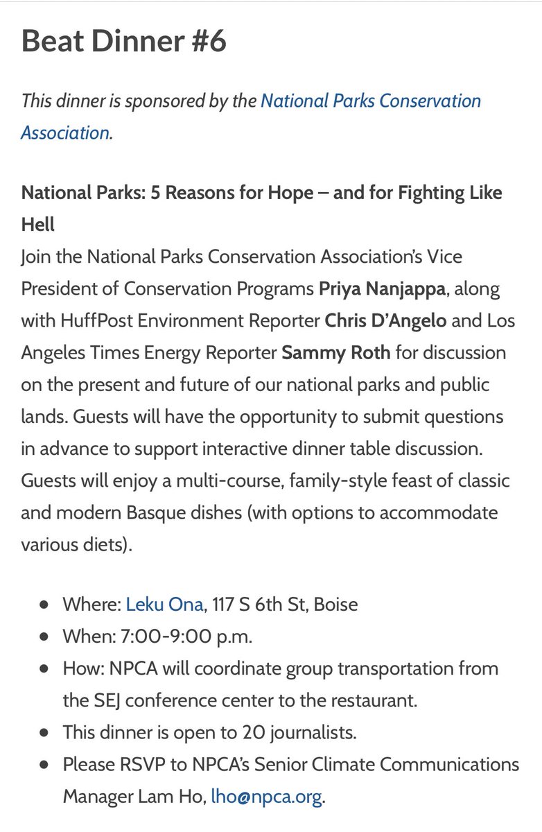 c_m_dangelo's tweet image. if you’re going to @sejorg conference and don’t have Friday evening plans, consider snagging a spot to this beat dinner hosted by @NPCA 

@ToadallyPriya, @Sammy_Roth and I will be talking national parks and public lands