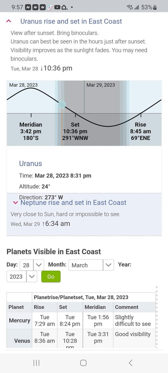 Tuesday March 28, 2023 5 planet alignment. I found all the planets except Uranus.  Uranus is missing in action.😀 I searched for about 30 minutes and couldn't find it. Then I found some info about the 'bulls-eye planet'  it's close to the sun but very hard to see. Enjoy thepics!