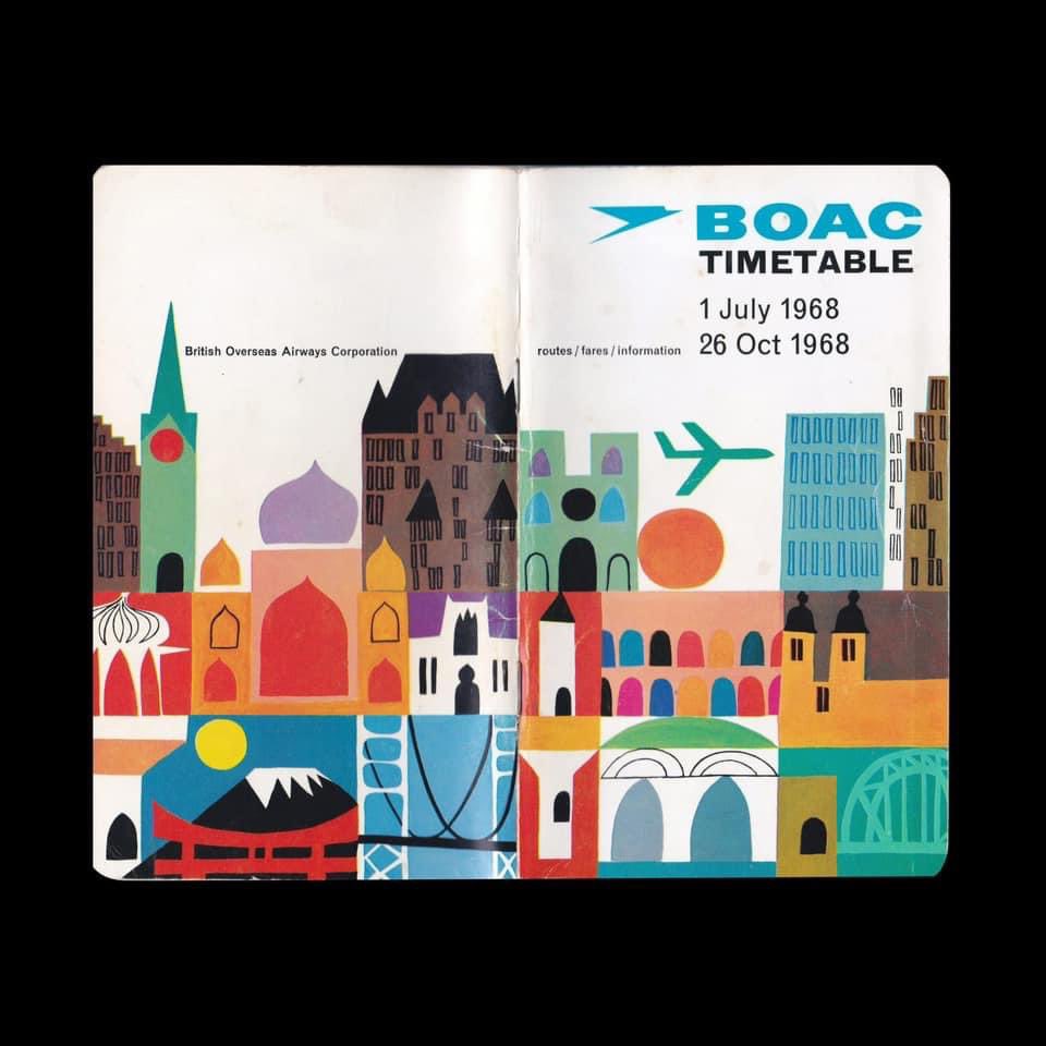 BOAC Timetable, 1968
Format: Airline Timetable
Designer/s: Unknown
Year: 1968
Client: BOAC (British Overseas Airway Corporation)
Size: 100mm x 170mm
#boac #britishairways