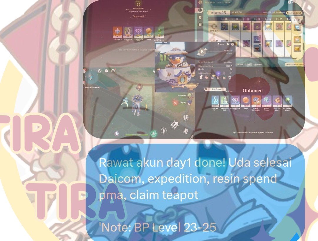 tira_misushi's tweet photo. 🔴 Joki Monthly • [ Kak s*r*u*y ]

✨Day 1 || 27/03/2023

- Daily Commission 
- Expedition
- pma 4x
- claim teapot

> Note:
- BP Level 23➡️25 https://t.co/HO47QWYUWE