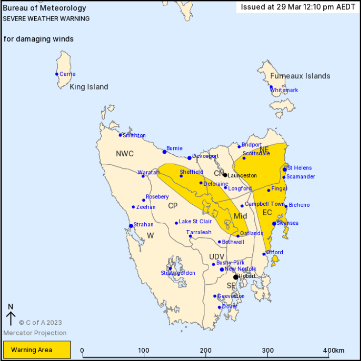 .<a href="/BOM_Tas/">Bureau of Meteorology, Tasmania</a> has issued a Severe Weather Warning for Damaging Winds.
Locations which may be affected include Sheffield, Deloraine, Scottsdale, St Helens, Swansea, Bicheno and Fingal.
More info at bit.ly/3TOlZup