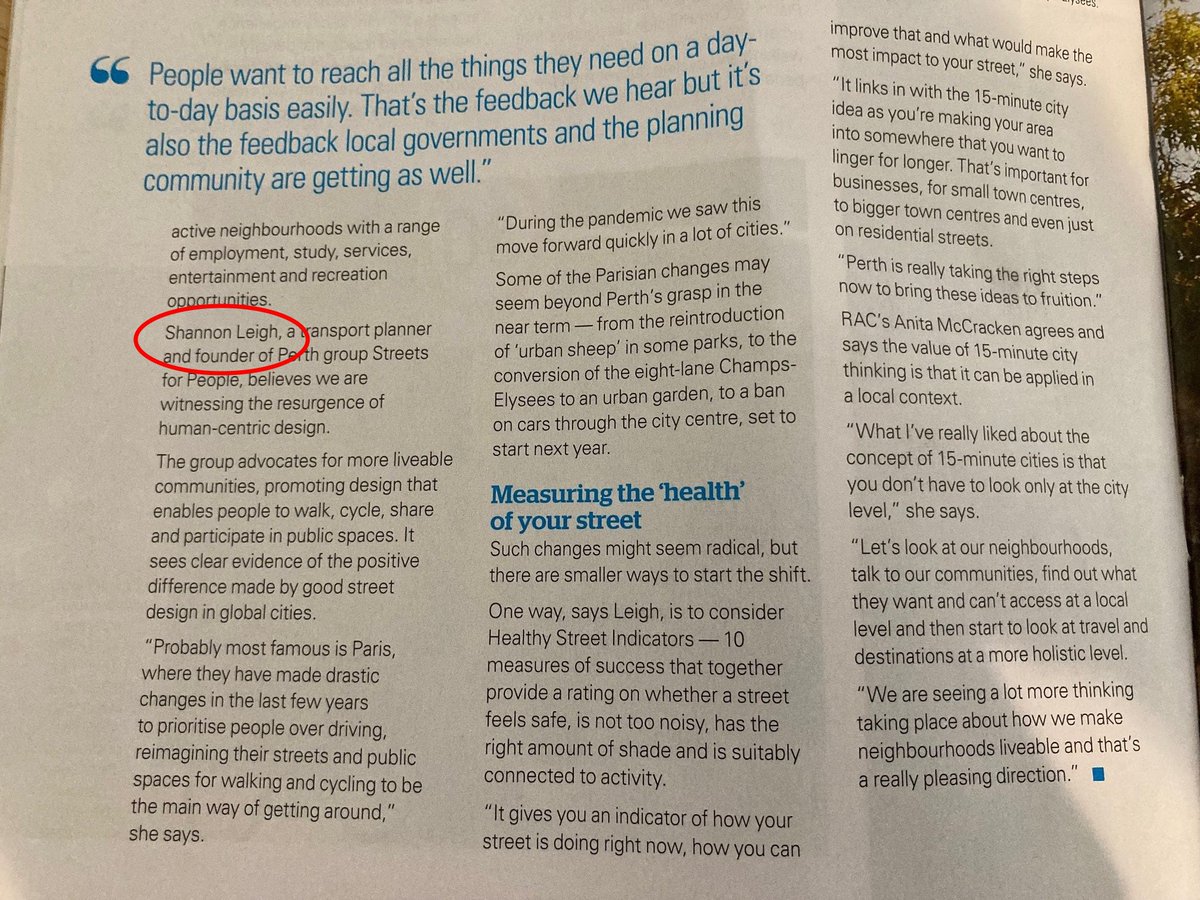 streets4ppl's tweet photo. 15 minute cities article in RAC magazine out now. Only 30% of quoted experts in Australia are female. #bridgingthegap https://t.co/eVOhZps18T