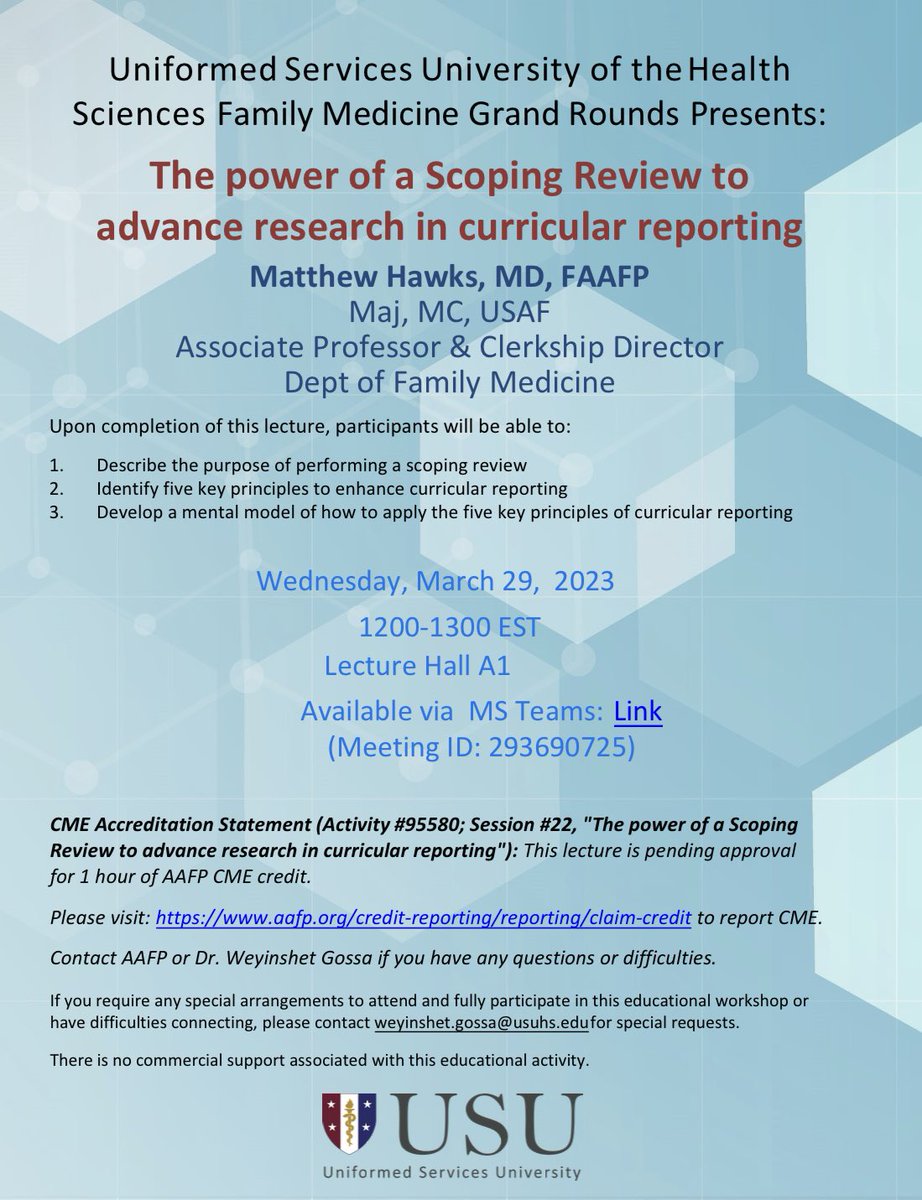 ⁦Join us for monthly USU Family Medicine grand rounds. Details ⬇️ ⁦<a href="/usufamilymed/">USU Family Medicine</a>⁩
