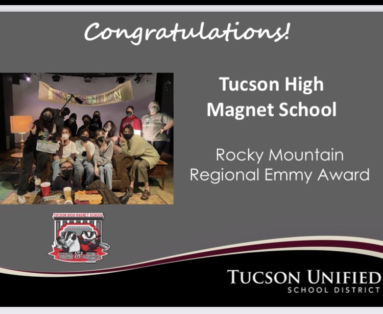 Congratulations <a href="/THMS_Badgers/">Tucson High Magnet</a> Film and TV program for recognition at the <a href="/tucsonunified/">Tucson Unified</a> Governing Board meeting tonight for a Rocky Mt Regional EMMY win! <a href="/TUSDSupt/">Dr. Gabriel Trujillo</a> <a href="/PimaSchoolSup/">Pima County School Superintendent's Office</a> <a href="/PimaJTED/">Pima JTED</a> <a href="/acteaz/">ACTEAZ</a> <a href="/actecareertech/">ACTE</a> @THMSPrincipal