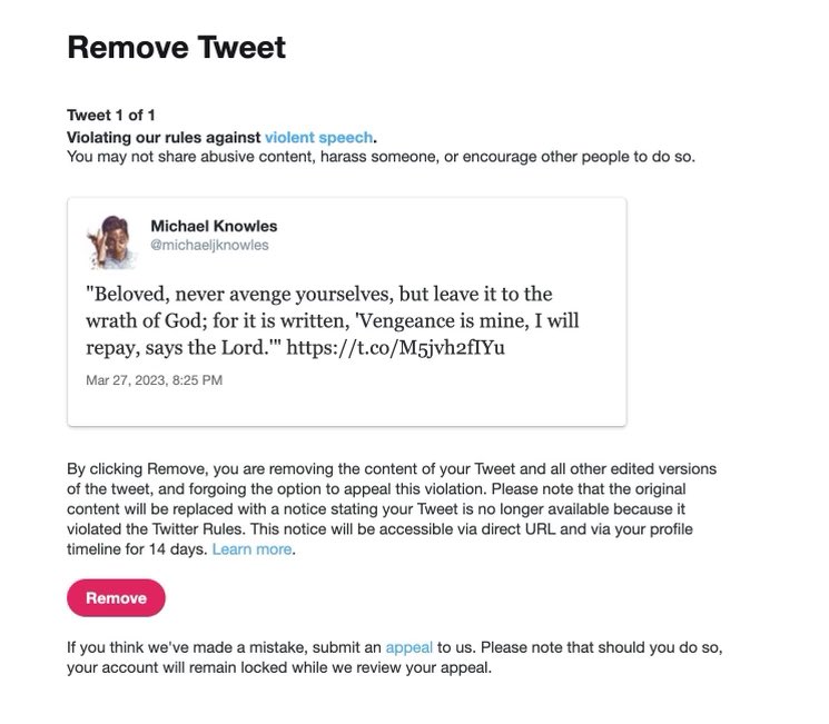Attn: @elonmusk, Michael Knowles was suspended for posting a Bible verse. I assume this was a mistake. Can we get his account restored asap?