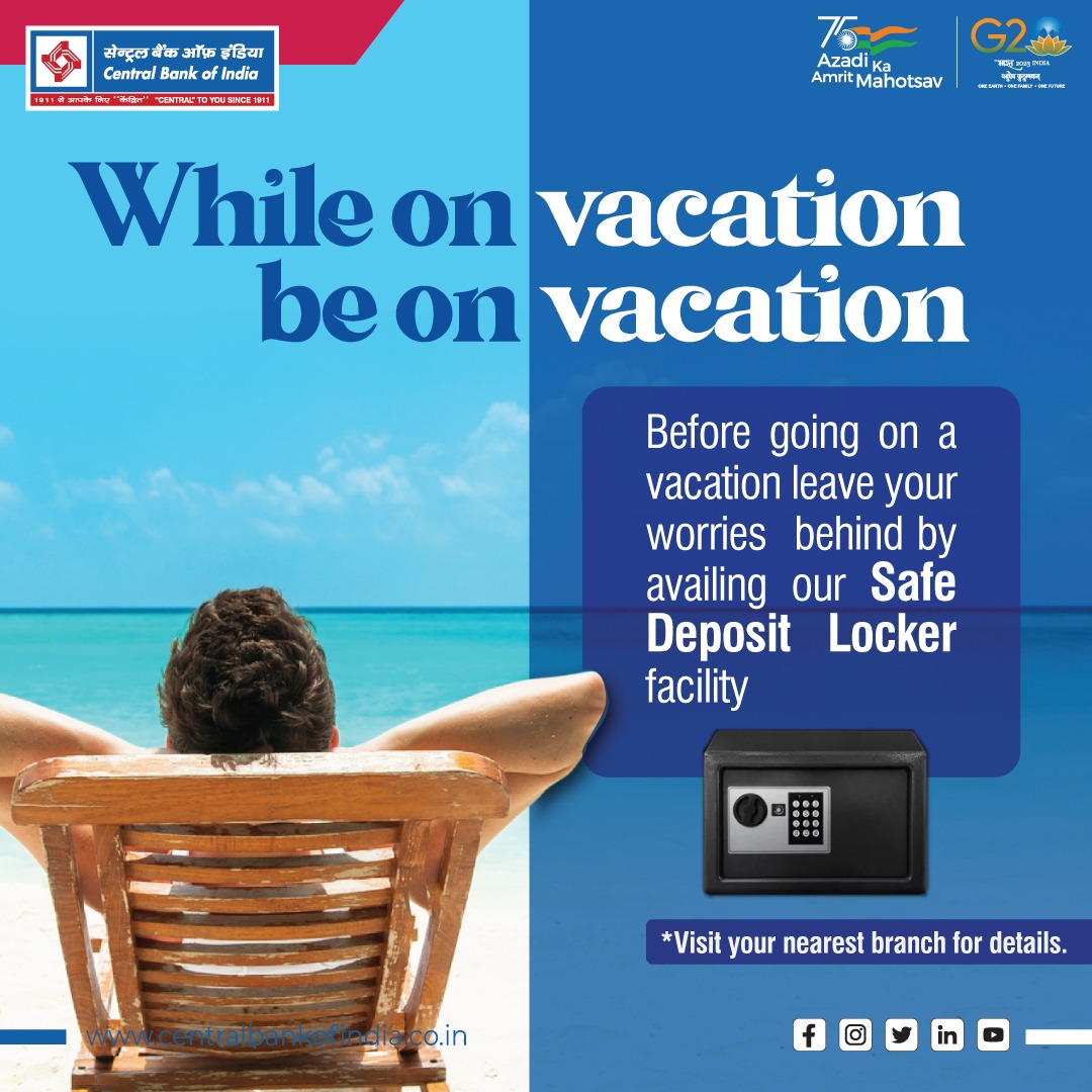 centralbank_in's tweet photo. Before going on a vacation leave your worries behind by availing our Safe Deposit Locker facility.

#CentralToYouSince1911
#AzadiKaAmritMahotsav
#AmritMahotsav https://t.co/ly7pBVkpXP