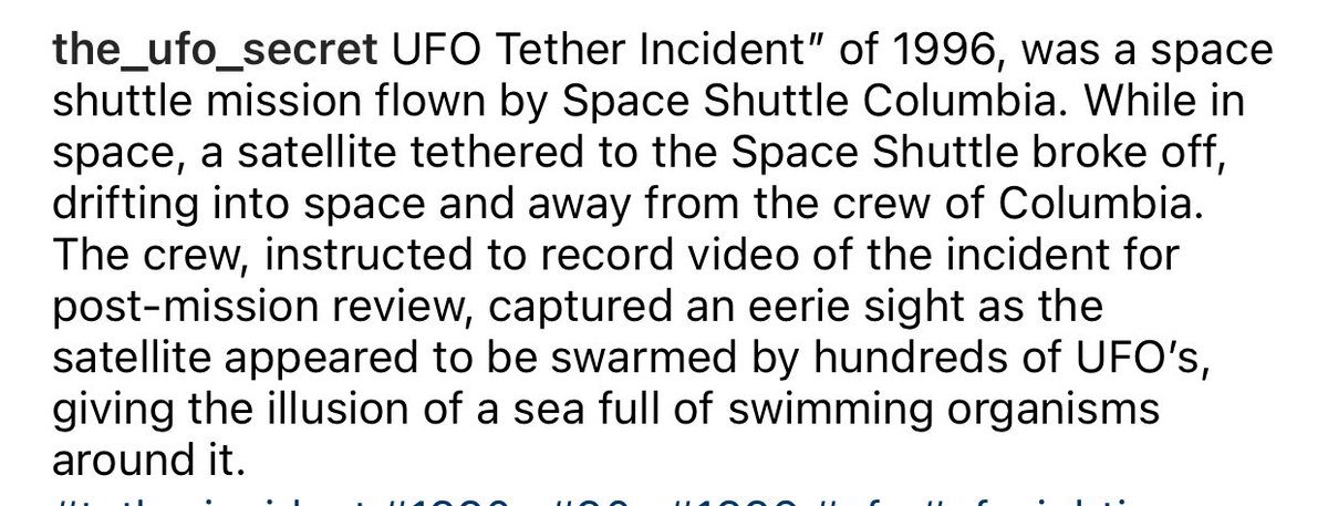 theufosecret's tweet image. UFO Tether Incident” of 1996, was a space shuttle mission flown by Space Shuttle Columbia. What do you think? Ice particles or UFOs? 
#tetherincident #1990s #90s #1996 #ufo #ufosighting #ufos #uap #uaps #unidentifiedflyingobject #aliens #theufosecret #ufocommunity #ufotwitter