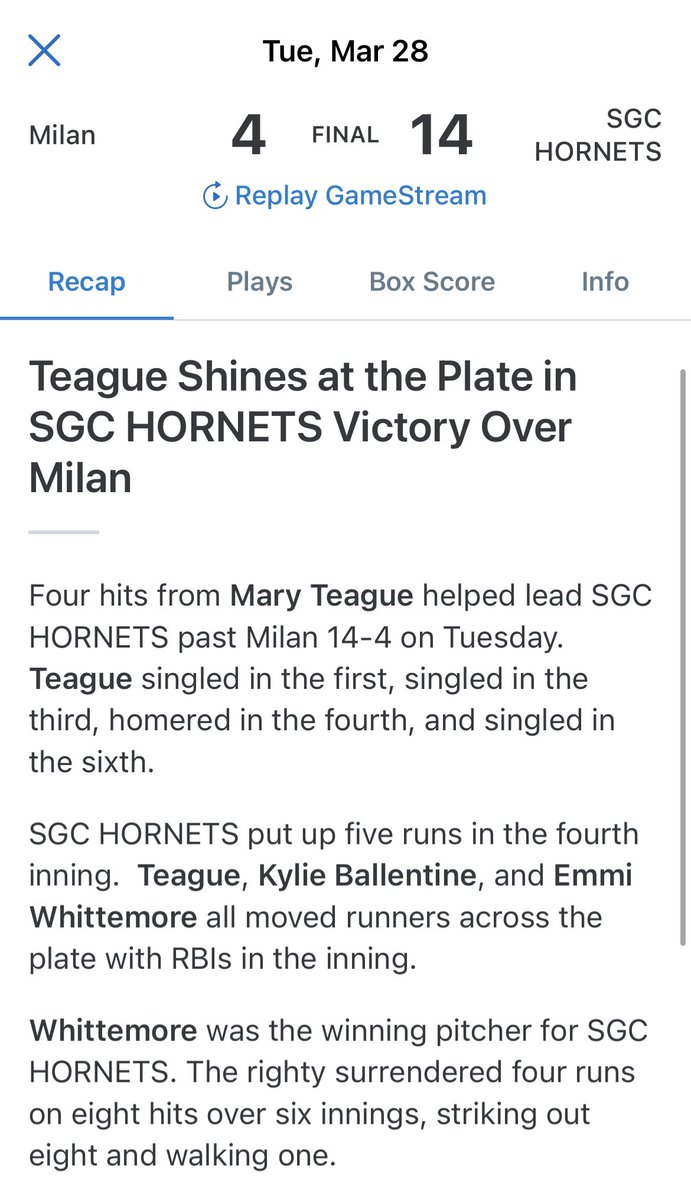 mary_teague16's tweet photo. big night at the plate in a rivalry win! i was 4-4 with a HR, walk, 5 RBI, 2SB, and 3R! @tnbolts2024sain @SoftballSgc @WhitneyWay https://t.co/vZsQna6xnb