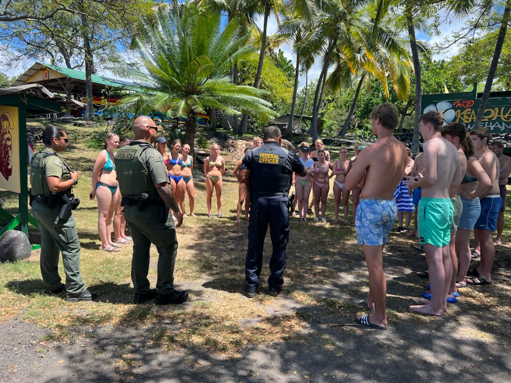 dlnr's tweet photo. DLNR Division of Conservation and Resources Enforcement (DOCARE) officers initiated cases against a large group of swimmers actively pursuing a pod of dolphins in Hōnaunau Bay Sunday morning, during a routine patrol in the South Kona District. https://t.co/wNfuzXb0dm
