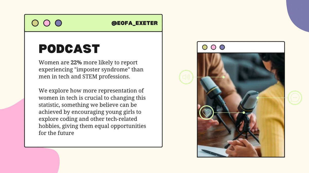 EOFA_Exeter's tweet photo. Imposter syndrome is a very common feeling amongst women in the tech industry due to lack of representation, a symptom discussed in our #EOFA_Exeter podcast with software engineer Natasha Wilson
https://t.co/Smoce9LD3Q
#ExeterCommsTwitterConference2023 #DigitalInequality (9/10) https://t.co/MB2wmjOfrG