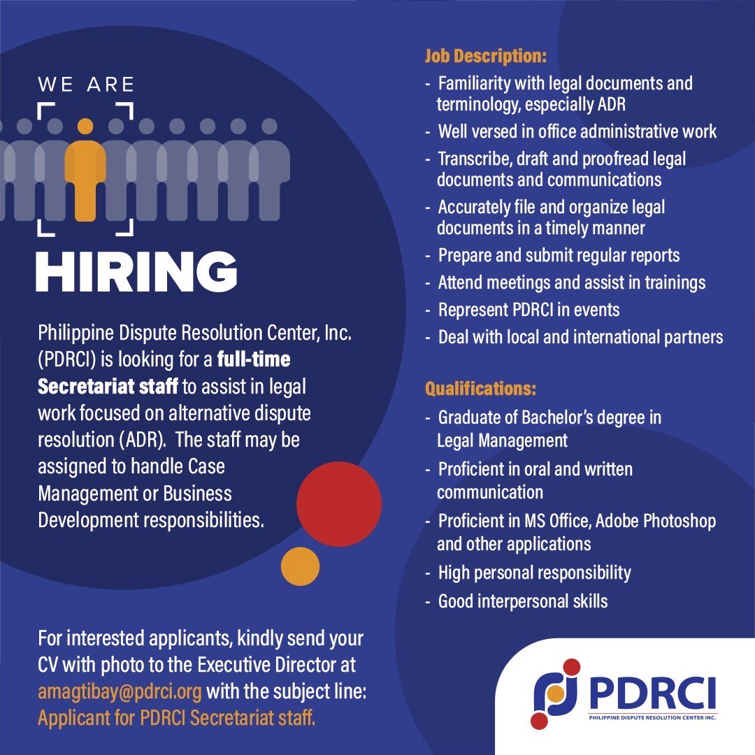 PDRC_org's tweet photo. PDRCI is looking for a full-time
Secretariat staff to assist in legal work focused on alternative dispute resolution (ADR). The staff may be assigned to handle Case Management or Business Development responsibilities.

Check details below 👇 https://t.co/gMiEA7uZA5