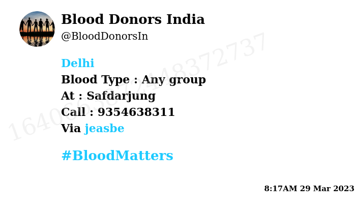 #SOS #Delhi Need #Blood Type : Any group Blood Component : Blood Number of Units : 10 Primary Number : 9354638311 Via: @jeasbe #BloodMatters