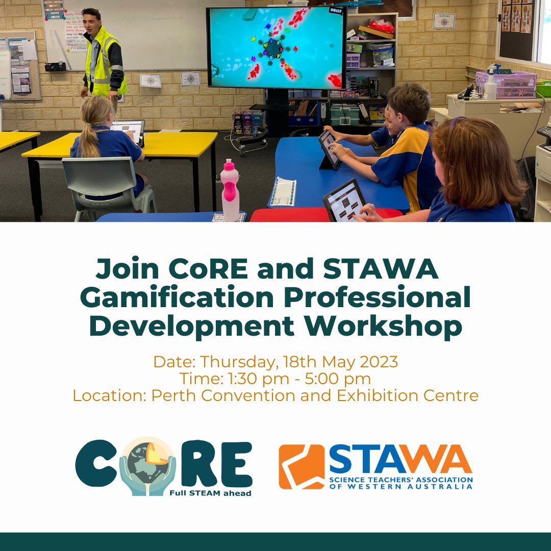 CoRELearnGrow's tweet photo. Join CoRE and @SciTeachersWA for our Gamification Professional Development Workshop. Teachers get your tickets here: https://t.co/xNRRpjs9mT https://t.co/6oFOa8BYK2
