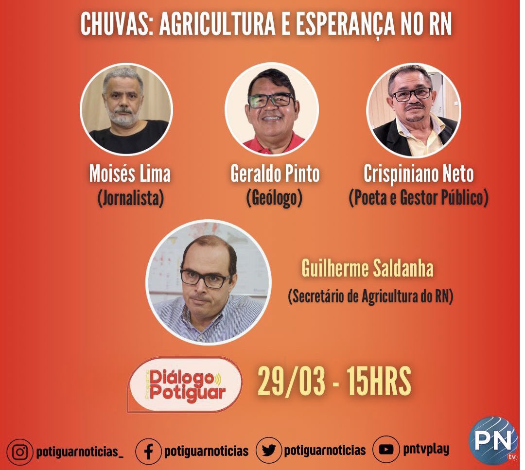 MoisesdeLima's tweet photo. O Programa Diálogo Potiguar entrevista nesta quarta-feira às 15h no canal PNTVPLAY do YouTube o secretário de Agricultura, Guilherme Saldanha que abordará as perspectivas do plantio no RN no período chuvoso. Este e outros temas que você não vê na mídia estarão em nosso debate! https://t.co/sAxapTsul5