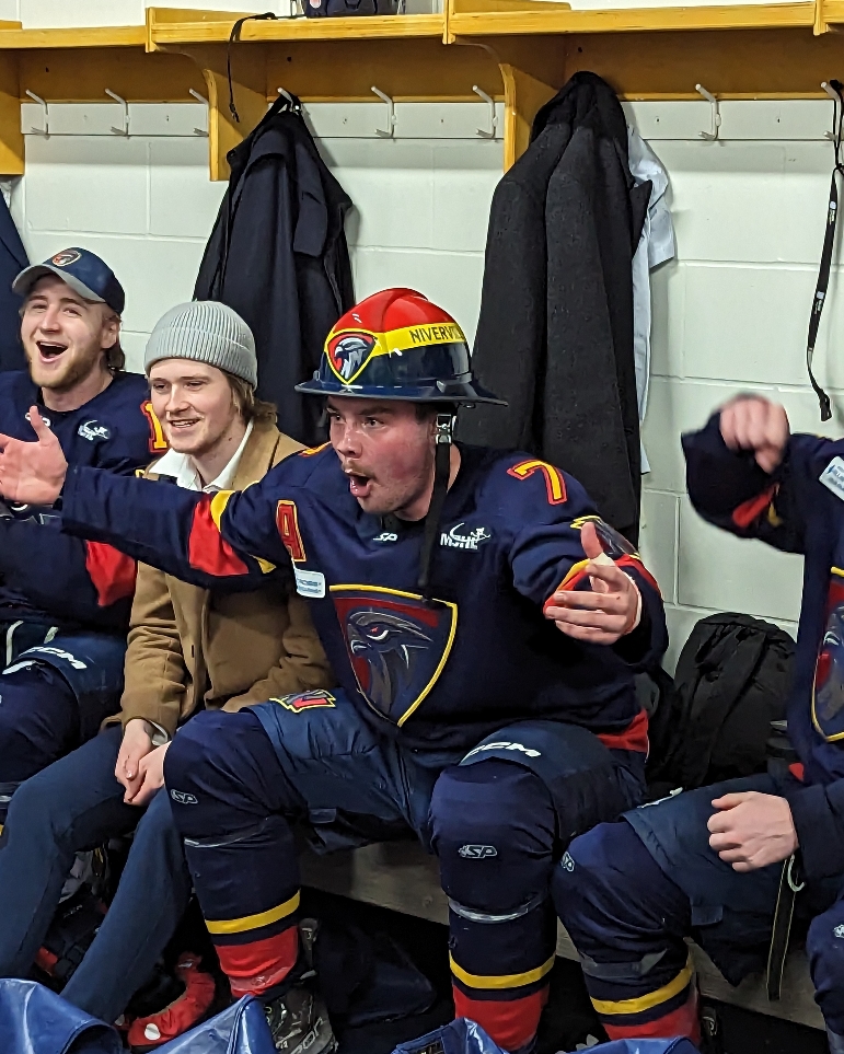 Gavin Gunderson gets the first playoff win hat. Congrats Gunde! #takeflight #theMJ #JoinTheNavy