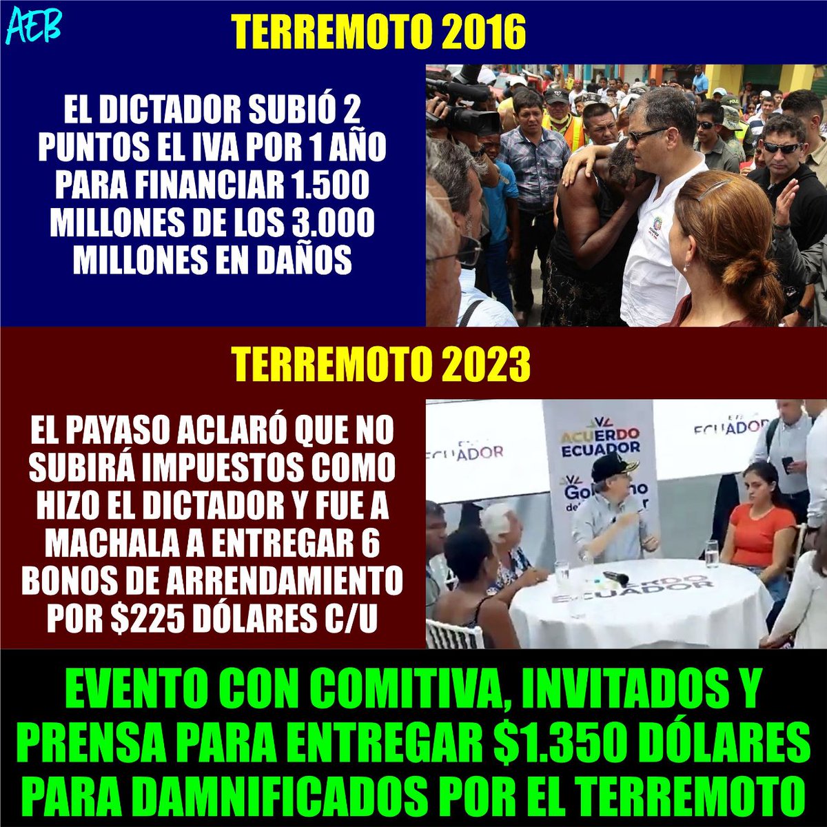 Felu_Garzon_'s tweet photo. Aclarar en cadena nacional que destinará todos los recursos que sean necesarios para ayudar a los damnificados del sismo pero sin subir impuestos como lo hizo @MashiRafael, para aparecer 10 días después en Machala con solo $1.350 es digno de este incompetente. #MuerteCruzada https://t.co/gfbQbrABWX