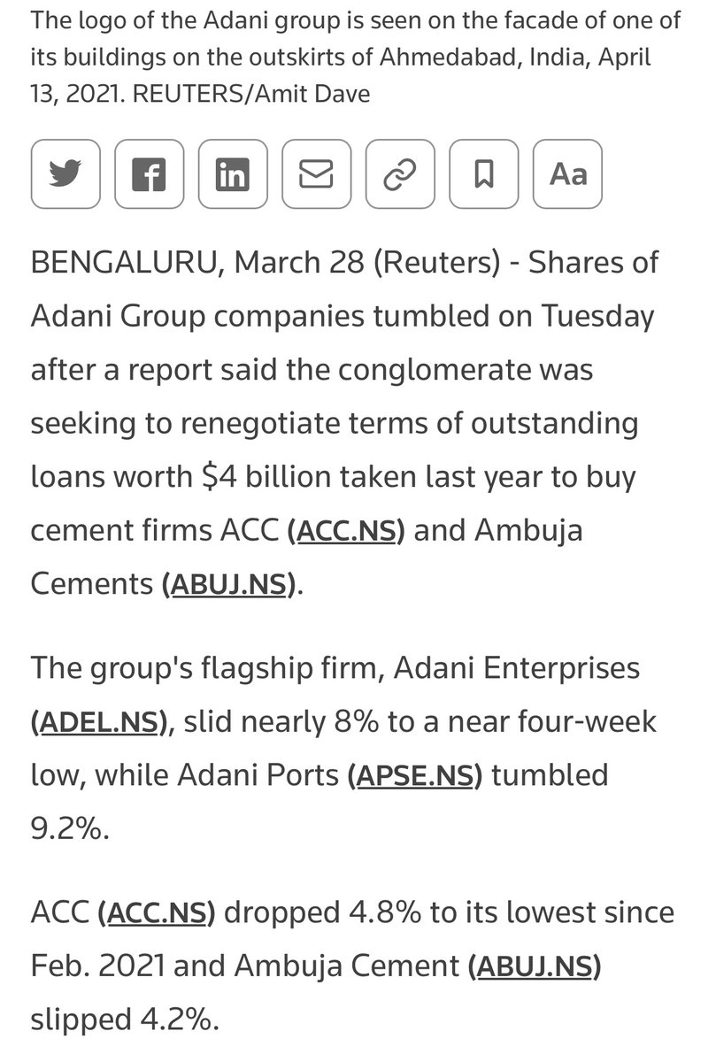 MahuaMoitra's tweet image. Adani shares tumble on @reuters report that group seeking time to pay ACC, Ambuja debt. Don’t have cash flows, don’t have credibility to access long term bond markets. 
All chickens coming home to roost!