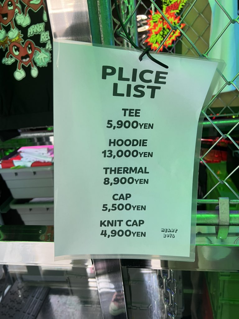 Price list for the items!