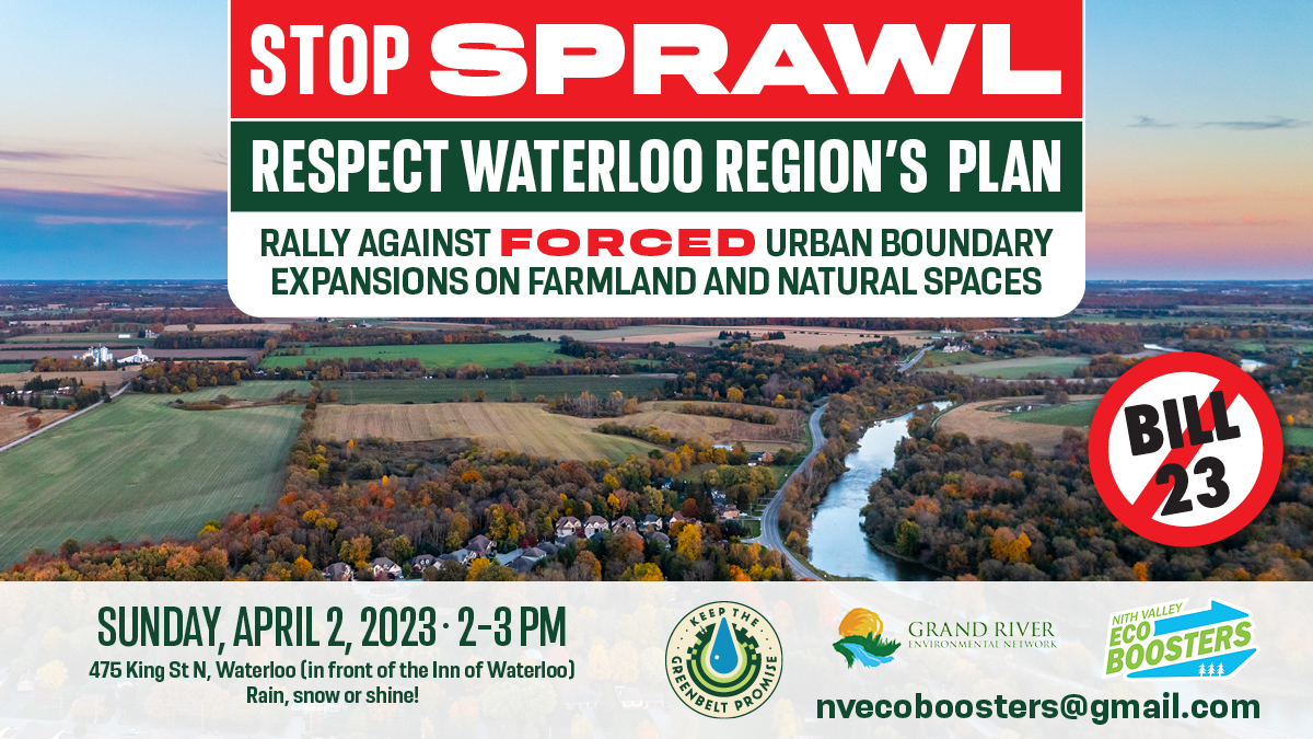 Join us this Sunday at 2pm to support our Regional Official Plan and demand an end to provincially-ordered urban boundary expansions. 

Great weather is forecast. Be creative with signs and speak up for farmland, water & our natural areas.

#StopBill23
gren.ca