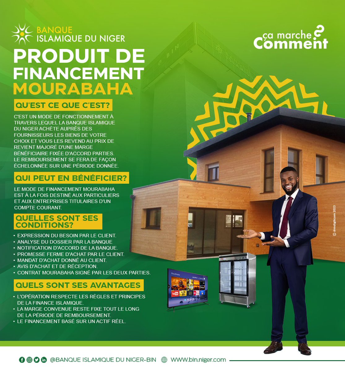 [Comment_ça_marche] 🤔
Aujourd’hui dans notre #Rubrique “Comment ça marche?” nous vous présentons le MOURABAHA. 

#Découvrez tout ce qu’il faut savoir 👇🏾
____________________________
La BIN , C’est un choix qui compte
Site web 🌐 bin-niger.com

#BanqueIslamiqueDuNiger