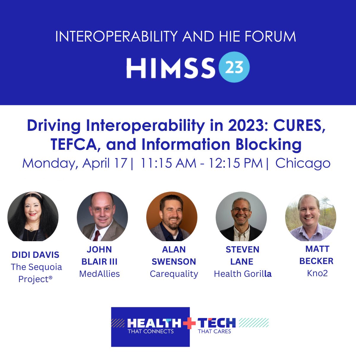 MedAllies (@medallies) on Twitter photo In town on Monday, April 17th for #HIMSS23? Join our CEO, <a href="/ajblair_/">A. John Blair</a> and fellow panelists at the Interoperability and HIE Forum.
“Driving Interoperability in 2023: #CURES, #TEFCA, and #InformationBlocking.”
Panelists: <a href="/DidiDavis/">Didi Davis</a>, <a href="/ajblair_/">A. John Blair</a>, <a href="/ABSwenson/">Alan Swenson</a>, <a href="/emrdoc1/">Steven Lane MD MPH</a>, @mattmbecker In town on Monday, April 17th for #HIMSS23? Join our CEO, <a href="/ajblair_/">A. John Blair</a> and fellow panelists at the Interoperability and HIE Forum.
“Driving Interoperability in 2023: #CURES, #TEFCA, and #InformationBlocking.”
Panelists: <a href="/DidiDavis/">Didi Davis</a>, <a href="/ajblair_/">A. John Blair</a>, <a href="/ABSwenson/">Alan Swenson</a>, <a href="/emrdoc1/">Steven Lane MD MPH</a>, @mattmbecker