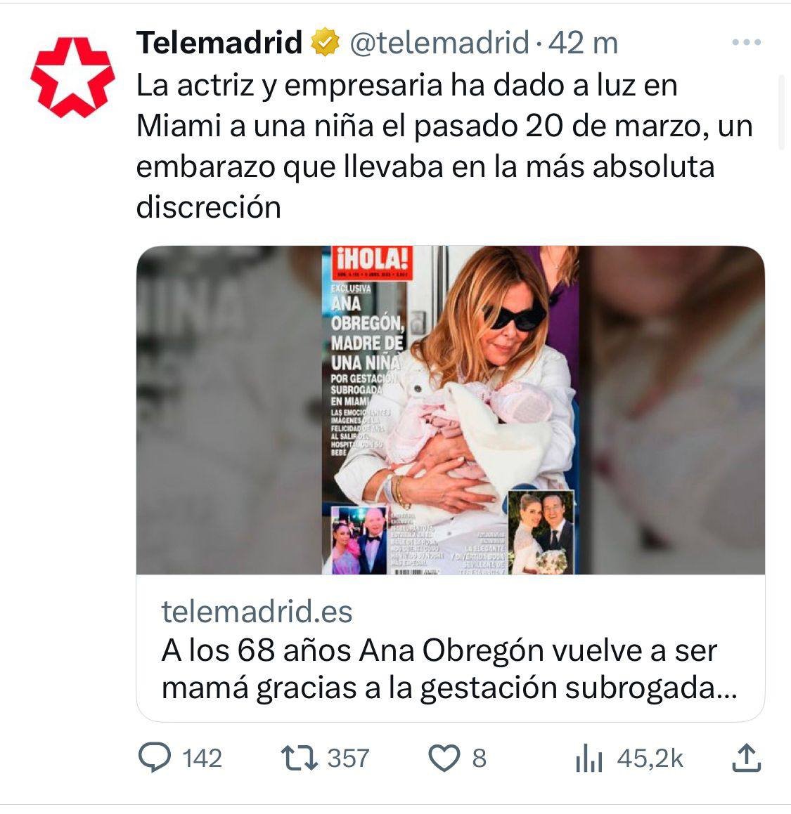 A ver, Ana Obregón "no ha dado a luz".
Ha comprado una niña.
Y el "embarazo que llevaba en la más absoluta discreción" no era el suyo sino el de la mujer a la que ha pagado por adquirir esa niña.
Es el mercado, amigos.