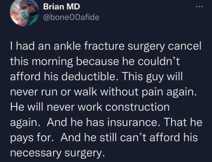 Health Insurance in the USA covers nothing, it just HAS to be bought for ACCESS to treatment.

It is Mafia Protection Money for your life and worth $2tn a year for NOTHING.

This is privatised medicine, it is what they will bring to the UK.