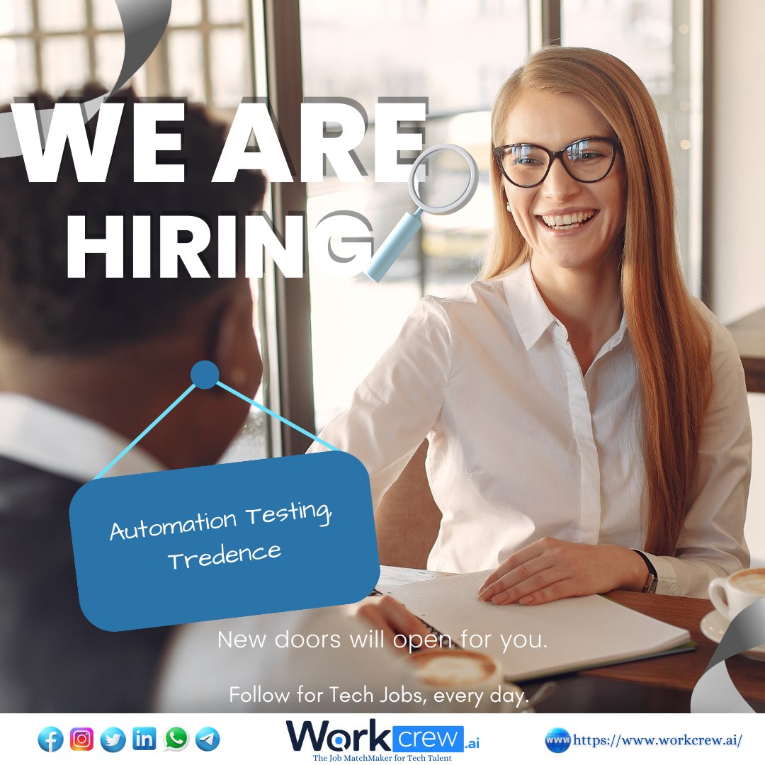 Workcrew_ai's tweet image. 🤝 WorkCrew is hiring

🏇 Job Title : Automation Testing, Tredence
📍 Location : Bangalore

💻 Login to find more Tech Jobs here : workcrew.ai
✍ Apply for the mentioned job here : lnkd.in/dk6SX-Hx

#automationtester #hiringalert #hiringnow #hiringimmediately