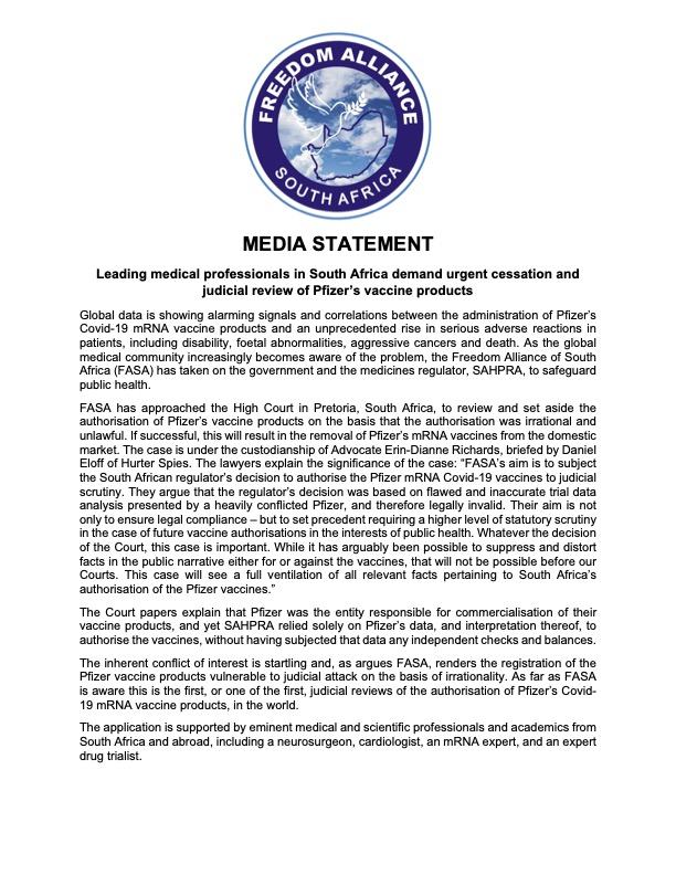 FASA has approached High Court in Pretoria, South Africa, to review and set aside the authorisation of Pfizer’s vaccine products on the basis that the authorisation was irrational and unlawful. If successful, will result in removal of Pfizer’s mRNA vaccines from domestic market