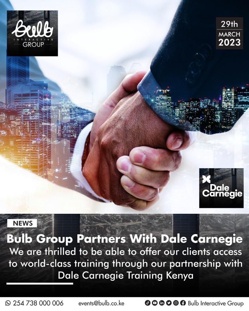 ElijahProfits's tweet photo. Partnership Announcement.
Bulb Group Partners with Dale Carnegie Training Kenya.
We are thrilled to be able to offer our CLIENTS access to this WORLD-CLASS training through our partnership with Dale Carnegie.
#BulbEvents #Partnerships #Sales https://t.co/uCrG9hoR1W