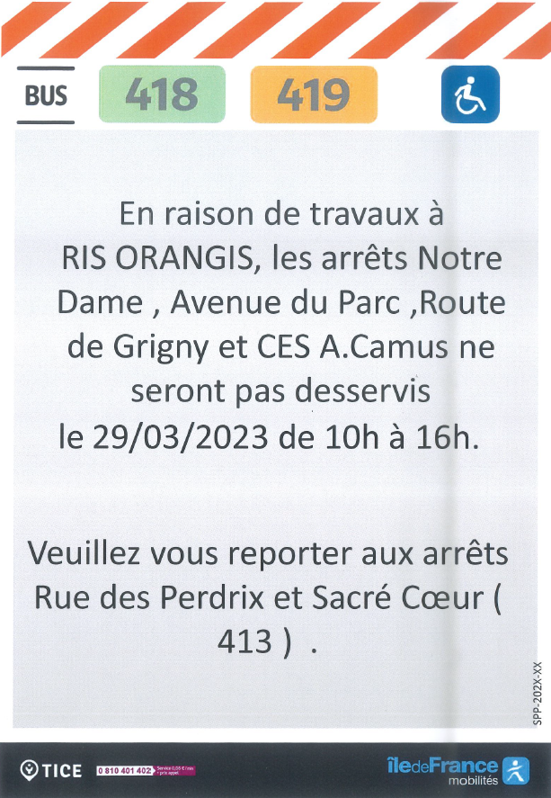 EvryEss_IDFM's tweet image. #InfoTrafic Déviation inopinée: des travaux nous contraignent à dévier les lignes #bus418 et #bus419 de leur itinéraire habituel le 29/03/2023. Bonne journée.