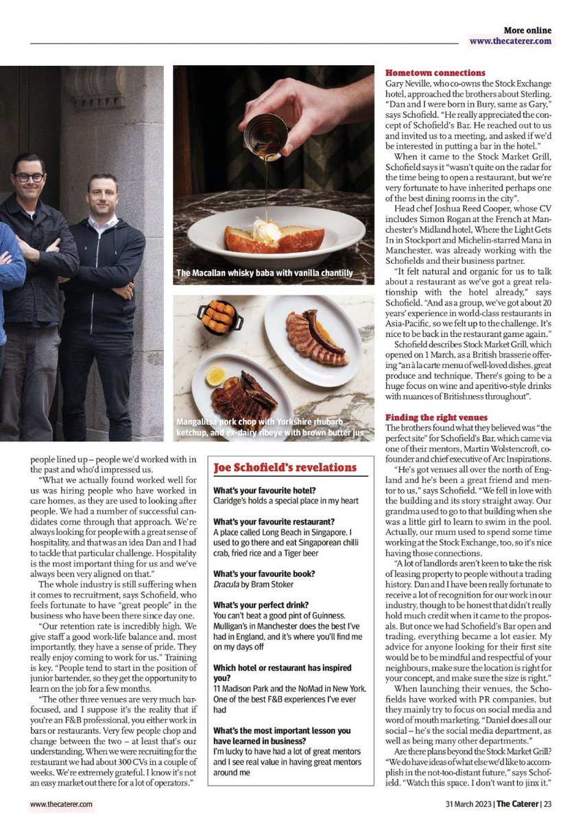 Loved talking to Joe and Daniel Schofield about initial challenges, investing in staff, finding the right venues and taking over “one of the best dining rooms in the city” at <a href="/StockExHotel/">Stock Exchange Hotel</a> for a Better Business feature in The Caterer magazine this week