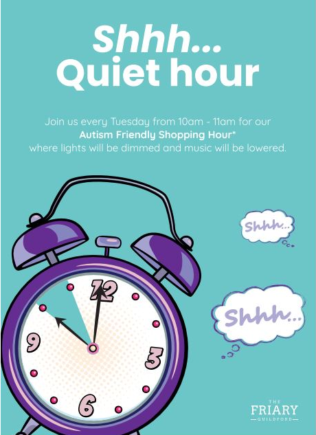 SupportSurrey's tweet photo. Every Tuesday between 10am and 11am @TheFriaryCentre in Guildford have a #Quiethour to accommodate the needs of shoppers with #Autism 🤫

#Autismweek https://t.co/BT7qJevGe5