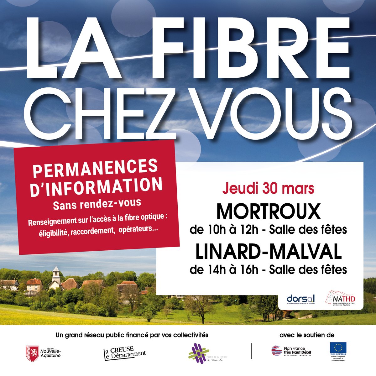 Le Service public de la Fibre sera en CREUSE <a href="/Departement_23/">Département Creuse</a>, Communauté de communes #PortesdelaCreuseenMarche jeudi 30 mars. Nos équipes vous renseignent sur votre accès à la fibre optique. 
Test d'éligibilité à la fibre : nathd.fr/eligibilite/
<a href="/DORSAL_Syndicat/">Syndicat mixte DORSAL</a> <a href="/FibreNouvAquit/">LA FIBRE NOUVELLE-AQUITAINE</a>