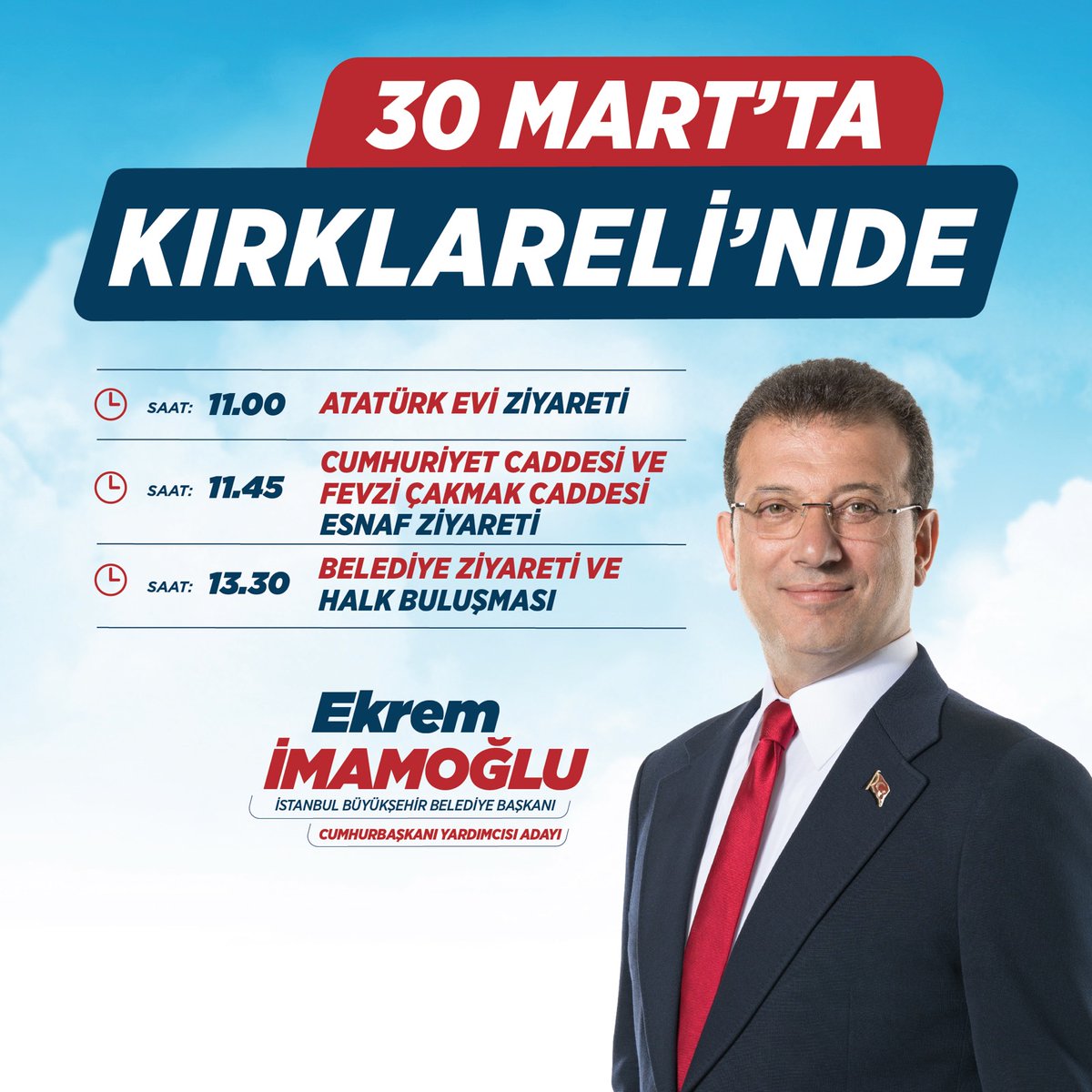 İstanbul Büyükşehir Belediye Başkanımız, Cumhurbaşkanı Yardımcısı Adayımız Sayın Ekrem İmamoğlu, 30 Mart Perşembe günü KIRKLARELİ'de halkımızla buluşacaktır. <a href="/ekrem_imamoglu/">Ekrem İmamoğlu</a>