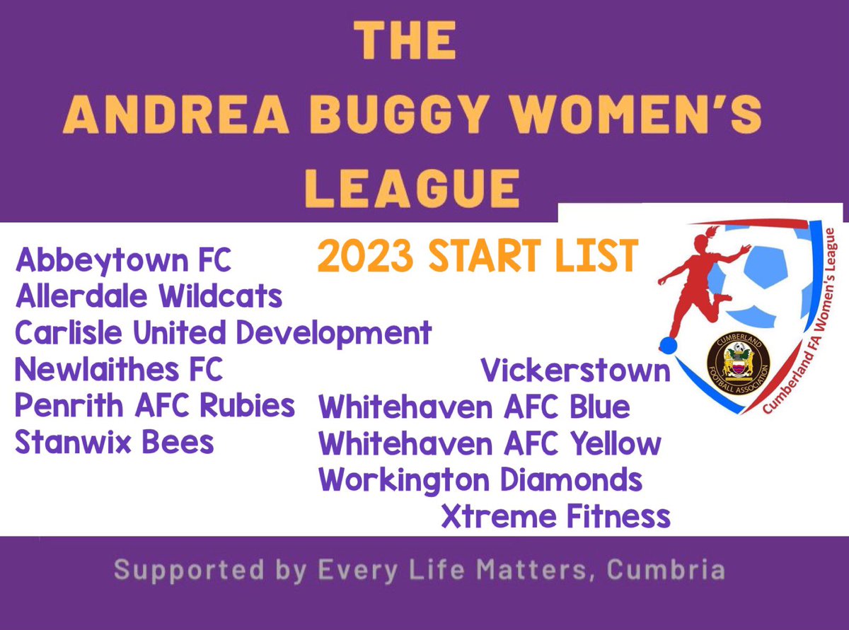 2023 WOMEN’S START LIST | We’re delighted to confirm the teams entered and ready to go for the Andrea Buggy Women’s League for the Spring/Summer* 2023 season!!

Fixtures will be ‘out’ shortly with games beginning on Weds 19 April 🙌🥳⚽️

#WomensFootball #CumberlandFootball