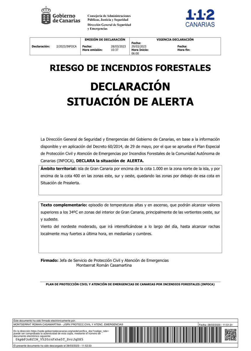 PTegueste's tweet photo. La Dirección General de Seguridad y Emergencia declara la situación de alerta 🚨por riesgo de 🔥incendios forestales🔥. Tomen precauciones. Ante cualquier incidencia ☎️112 https://t.co/ZlR5hWMsR5