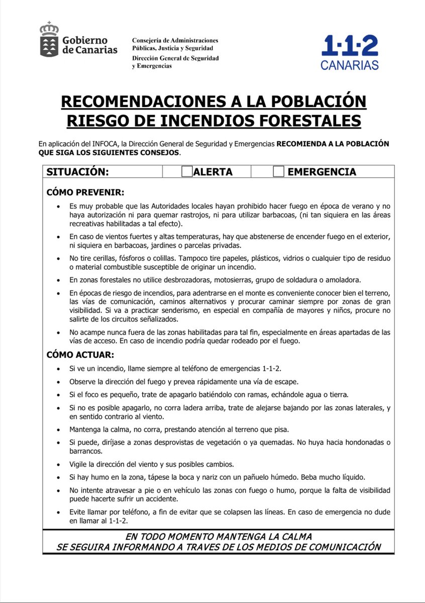 PTegueste's tweet photo. La Dirección General de Seguridad y Emergencia declara la situación de alerta 🚨por riesgo de 🔥incendios forestales🔥. Tomen precauciones. Ante cualquier incidencia ☎️112 https://t.co/ZlR5hWMsR5