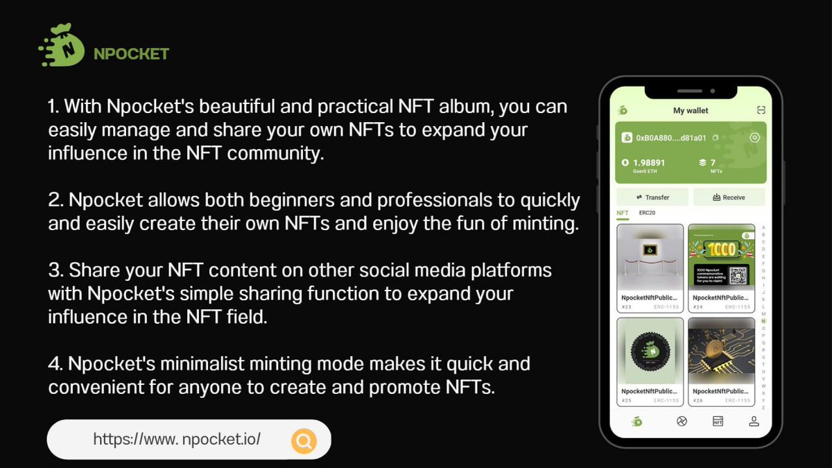 🚀🚀The NPocket wallet for NFTs is currently in public beta testing! 

1000 NPocket tokens are waiting for you to claim! 

Download and create the wallet to receive Geth, and everyone has a chance to MintNFT. 

🥳Join our group: t.me/Web3Npocket